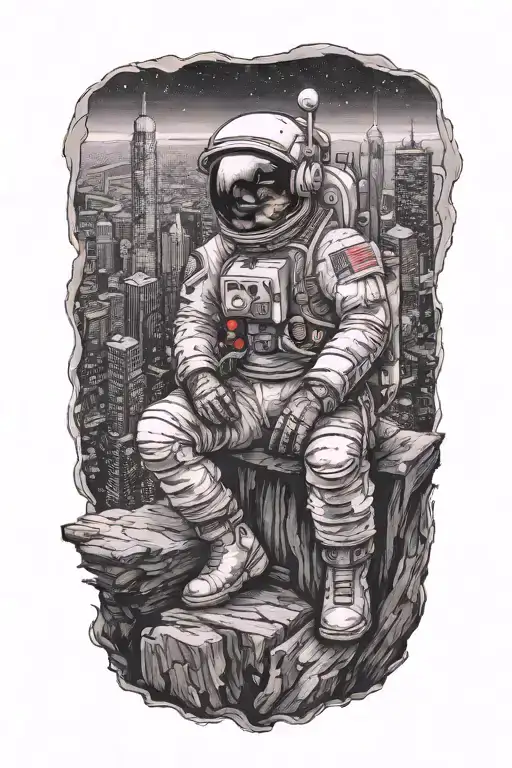 astronaut sitting on log looking towards an abandoned metropolis with crumbling skyscrapers under cosmic sky tattoo design idea