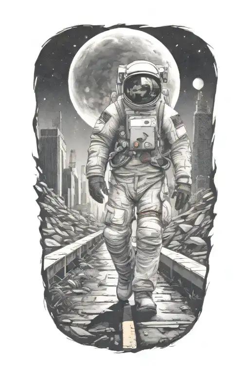 astronaut walking down road in overgrown, decaying metropolis with crumbling skyscrapers under cosmic sky  tattoo design idea