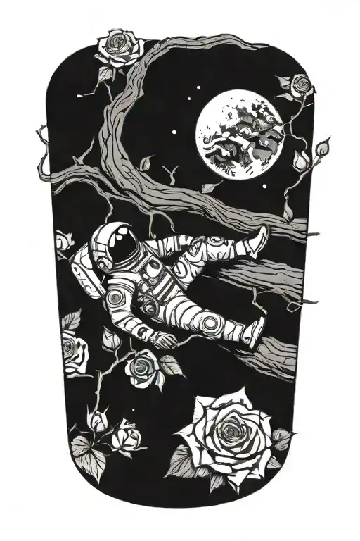 dead astronaut lying against a log on the side of the road wrapped in roses  tattoo design idea