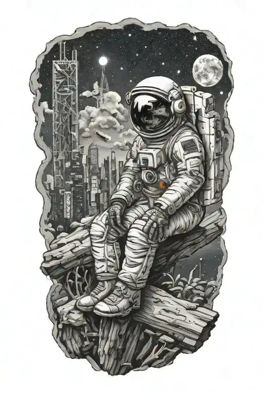 astronaut sitting on log looking towards an abandoned metropolis with crumbling skyscrapers under cosmic sky tattoo design idea