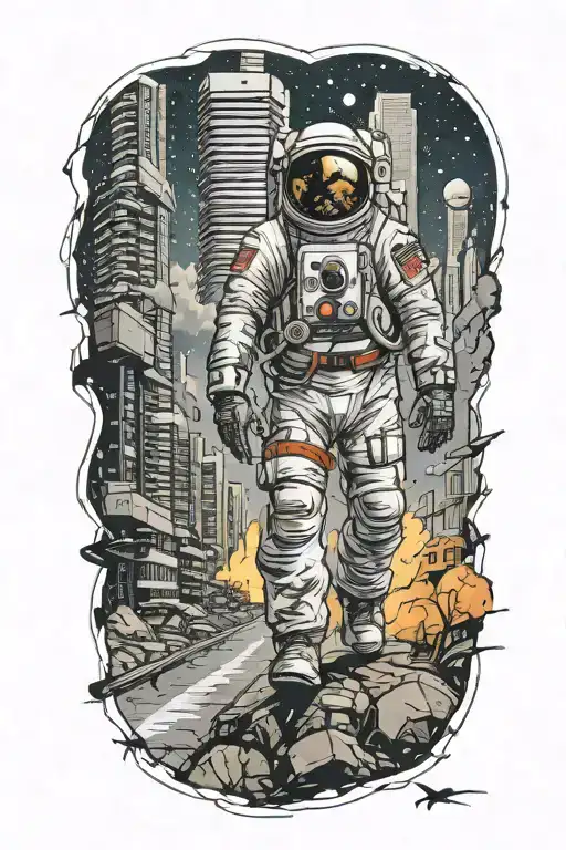 astronaut walking down road in abandoned metropolis crumbling skyscrapers under cosmic sky  tattoo design idea