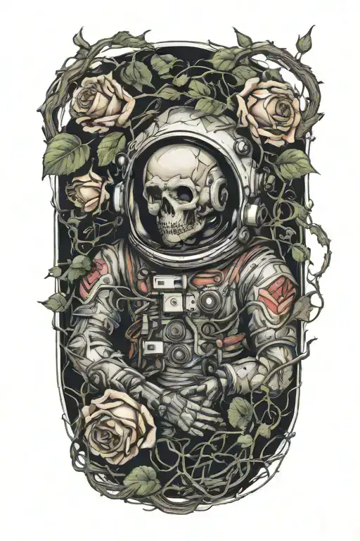dead astronaut lying with smashed helmet; an overgrowth of vines with roses and thorns are coiled around him  tattoo design idea