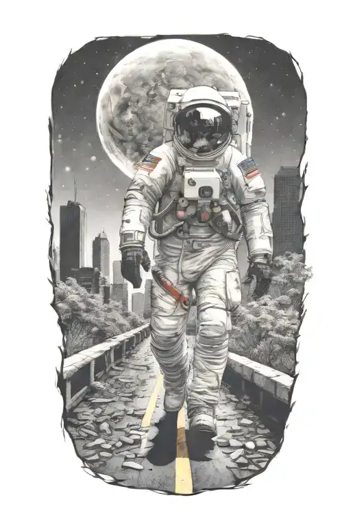 astronaut on horse walking down road in overgrown metropolis crumbling skyscrapers under cosmic sky  tattoo design idea
