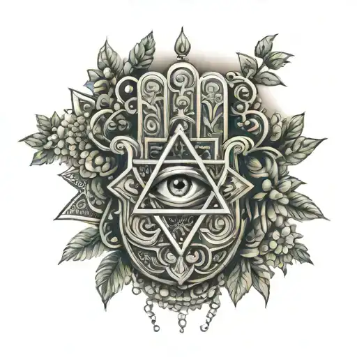 Hamsa with Star of David and tree of life intertwined tattoo design idea