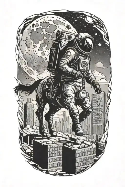 astronaut cowbow on a horse walking through an abandoned metropolis with crumbling skyscrapers under a dying moon tattoo design idea