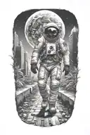 astronaut walking down road in overgrown, decaying metropolis with crumbling skyscrapers under cosmic sky  tattoo design idea
