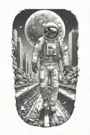 astronaut walking down road in overgrown, decaying metropolis with crumbling skyscrapers under cosmic sky  tattoo design idea