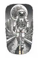 lonely astronaut walking down road in overgrown, decaying metropolis with crumbling skyscrapers under cosmic sky  tattoo design idea