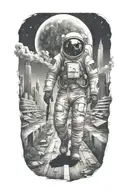 lonely astronaut walking down road in overgrown, decaying metropolis with crumbling skyscrapers under cosmic sky  tattoo design idea