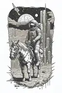 astronaut leading a horse through an abandoned metropolis with skyscrapers in the desert under a starry cosmic sk tattoo design idea