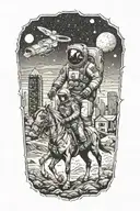 astronaut leading a horse through an abandoned metropolis with skyscrapers in the desert under a starry cosmic sk tattoo design idea