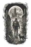 cowboy walking Through An Abandoned Metropolis With crumbling Skyscrapers Overgrown With Trees under a cosmic sky  tattoo design idea