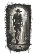 cowboy walking Through An Abandoned Metropolis With crumbling Skyscrapers Overgrown With Trees under a cosmic sky  tattoo design idea