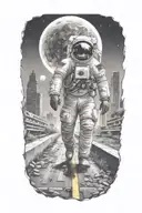 astronaut walking down road in overgrown metropolis crumbling skyscrapers under cosmic sky  tattoo design idea