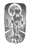 astronaut walking down road in overgrown metropolis crumbling skyscrapers under cosmic sky  tattoo design idea
