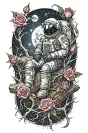 dead astronaut wrapped in rose thorns lying against a log in an abandoned metropolis under a starry, cosmic sky  tattoo design idea