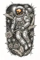 dead astronaut wrapped in rose thorns lying against a log in an abandoned metropolis under a starry, cosmic sky  tattoo design idea