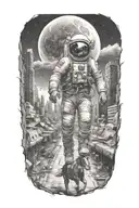 astronaut riding horse walking down road in overgrown metropolis crumbling skyscrapers under cosmic sky  tattoo design idea