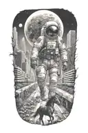 astronaut riding horse walking down road in overgrown metropolis crumbling skyscrapers under cosmic sky  tattoo design idea