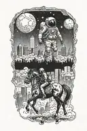 astronaut cowbow on a horse walking through an overgrown abandoned metropolis with skyscrapers under a cosmic sky  tattoo design idea