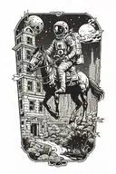 astronaut cowbow on a horse walking through an overgrown abandoned metropolis with skyscrapers under a cosmic sky  tattoo design idea