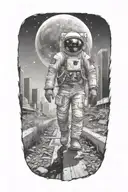 astronaut walking down road in overgrown, post apocalyptic metropolis with crumbling skyscrapers under cosmic sky  tattoo design idea