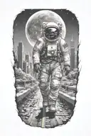 astronaut walking down road in overgrown, post apocalyptic metropolis with crumbling skyscrapers under cosmic sky  tattoo design idea