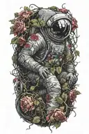 prone dead astronaut lying with smashed helmet; an overgrowth of vines with roses and thorns are coiled around him  tattoo design idea