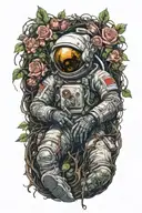 prone dead astronaut lying with smashed helmet; an overgrowth of vines with roses and thorns are coiled around him  tattoo design idea