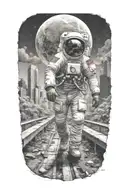 astronaut walking down road in overgrown metropolis crumbling skyscrapers under cosmic sky  tattoo design idea