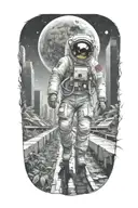 astronaut walking down road in overgrown metropolis crumbling skyscrapers under cosmic sky  tattoo design idea