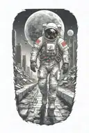 astronaut walking down road in overgrown, decaying apocalyptic landscape with crumbling skyscrapers under cosmic sky  tattoo design idea
