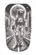 astronaut walking down road in overgrown, decaying apocalyptic landscape with crumbling skyscrapers under cosmic sky  tattoo design idea