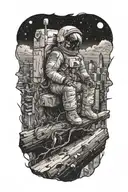 astronaut sitting on log looking towards an abandoned metropolis with crumbling skyscrapers under cosmic sky tattoo design idea