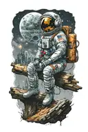 astronaut sitting on log looking towards an abandoned metropolis with crumbling skyscrapers under cosmic sky tattoo design idea