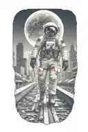 astronaut walking down road in abandoned metropolis crumbling skyscrapers under cosmic sky  tattoo design idea