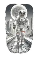 astronaut walking down road in abandoned metropolis crumbling skyscrapers under cosmic sky  tattoo design idea