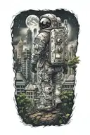 lonely astronaut walking through an abandoned metropolis with skyscrapers overgrown with trees under a cosmic sky  tattoo design idea