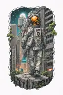 lonely astronaut walking through an abandoned metropolis with skyscrapers overgrown with trees under a cosmic sky  tattoo design idea