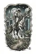 astronaut cowbow on a horse walking through an overgrown abandoned metropolis with skyscrapers under a cosmic sky  tattoo design idea