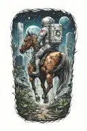 astronaut cowbow on a horse walking through an overgrown abandoned metropolis with skyscrapers under a cosmic sky  tattoo design idea