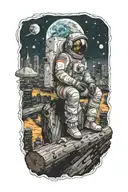 astronaut sitting on log looking towards an abandoned metropolis with crumbling skyscrapers under cosmic sky tattoo design idea