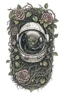 dead astronaut lying with smashed helmet; an overgrowth of vines with roses and thorns are coiled around him  tattoo design idea