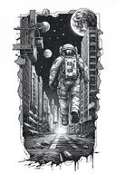 astronaut walking down road through abandoned metropolis with crumbling skyscrapers under a cosmic sky tattoo design idea