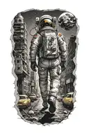 astronaut walking down road through abandoned metropolis with crumbling skyscrapers under a cosmic sky tattoo design idea