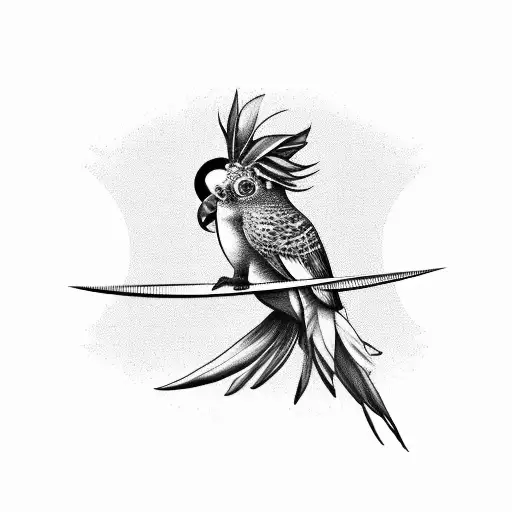 A black-grey tattoo of a tropical bird perched on a reggae vinyl record tattoo design idea