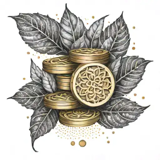 A stack of gold coins surrounded by intricate leaf patterns tattoo design idea