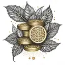 A stack of gold coins surrounded by intricate leaf patterns tattoo design idea