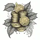 A stack of gold coins surrounded by intricate leaf patterns tattoo design idea