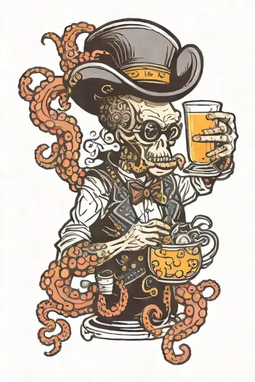 Bartender octopus creating a signature cocktail with tentacles tattoo design idea